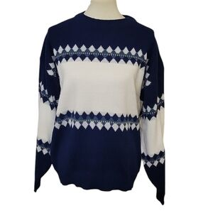 Vintage Sears Men's Store Chunky Knit Grandpa Sweater Navy Blue White Men's L